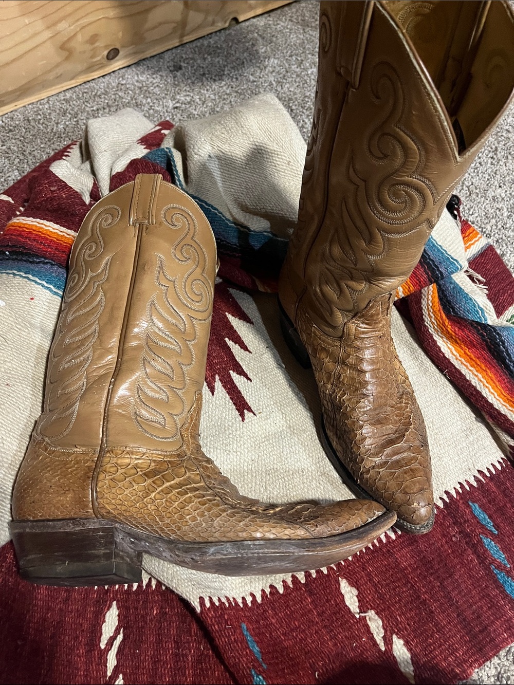 Tony Lama Tan Exotic Leather Western Boots with Embossed Shaft